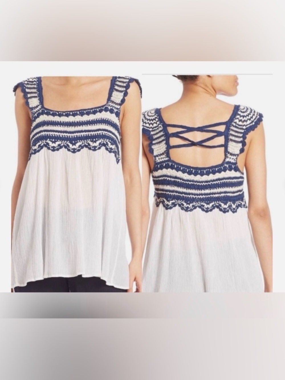 Calypso St Barth Blue/White Crochet Boho Top Cut Out Back Size XS